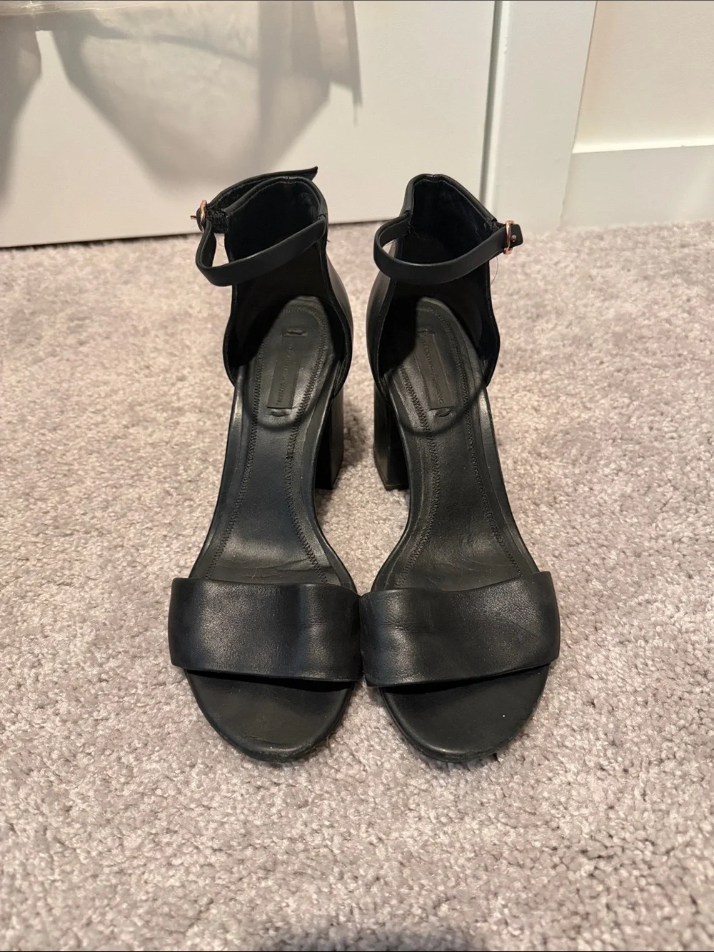 Alexander Wang Black Ankle-Strap Block Heel Sandals with Rose Gold